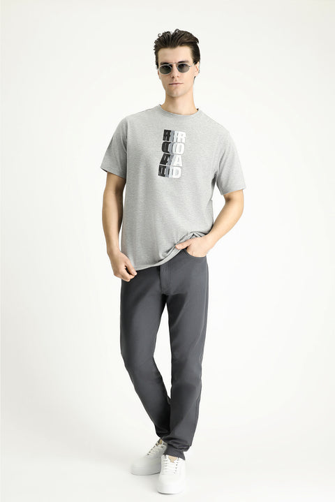 Medium Grey Crew Neck Slim Fit Printed Cotton T-Shirt