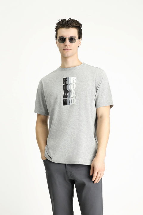 Medium Grey Crew Neck Slim Fit Printed Cotton T-Shirt