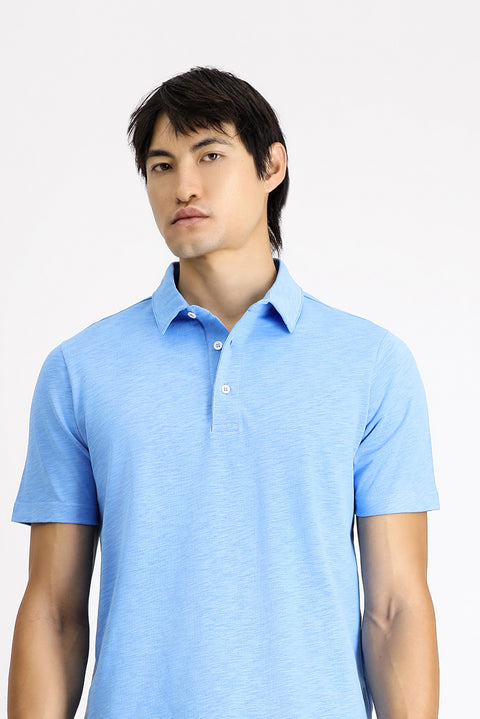 Blue Polo Collar Regular Fit Patterned Cotton T-shirt