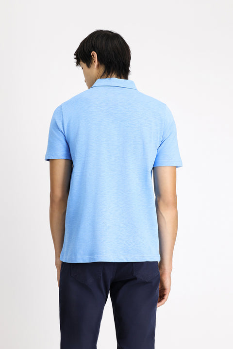 Blue Polo Collar Regular Fit Patterned Cotton T-shirt