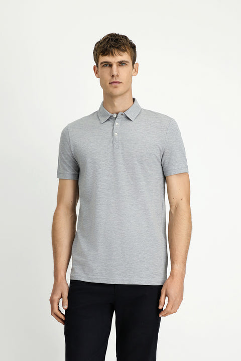 Medium Grey Melange Regular Fit Cotton Polo Shirt