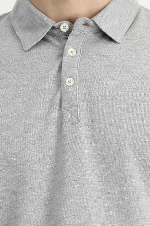 Medium Grey Melange Regular Fit Cotton Polo Shirt
