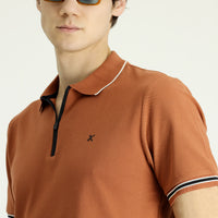 Light Brown Polo Collar Regular Fit Zip-Up Patterned Cotton T-Shirt