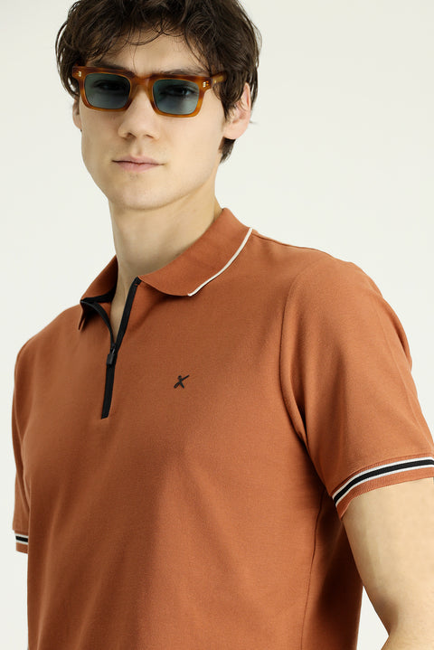 Light Brown Polo Collar Regular Fit Zip-Up Patterned Cotton T-Shirt