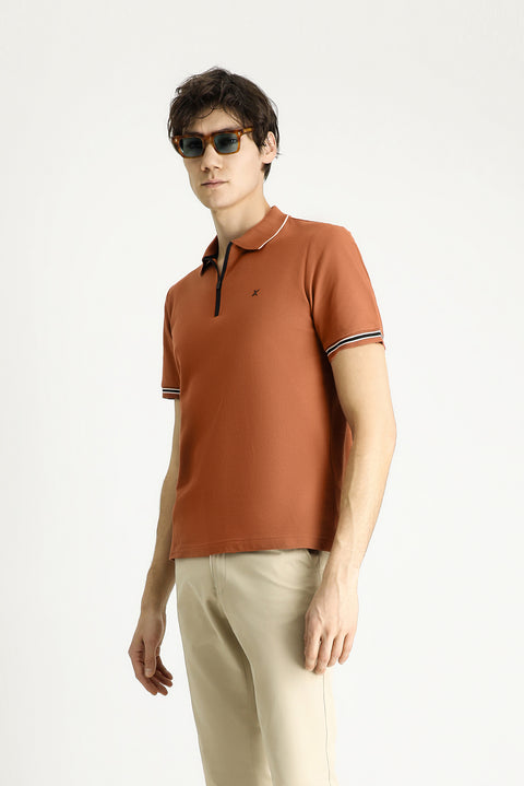 Light Brown Polo Collar Regular Fit Zip-Up Patterned Cotton T-Shirt