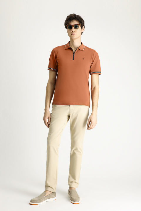 Light Brown Polo Collar Regular Fit Zip-Up Patterned Cotton T-Shirt