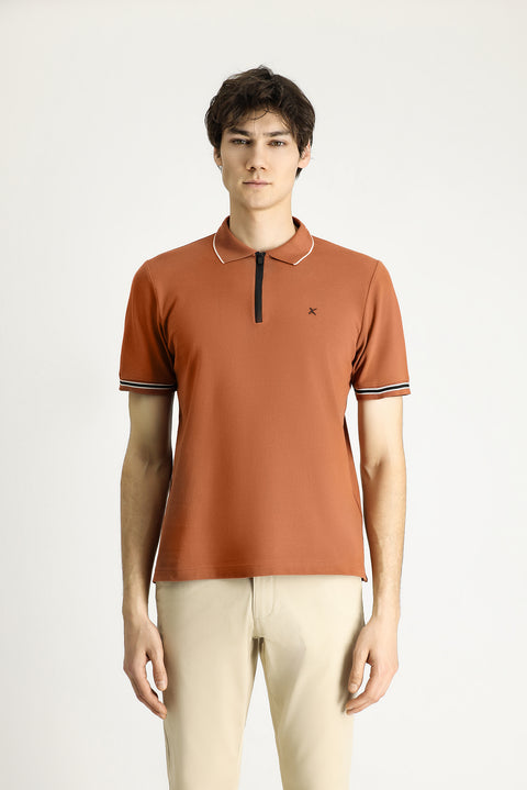 Light Brown Polo Collar Regular Fit Zip-Up Patterned Cotton T-Shirt
