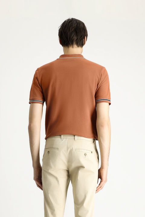 Light Brown Polo Collar Regular Fit Zip-Up Patterned Cotton T-Shirt