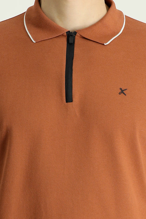 Light Brown Polo Collar Regular Fit Zip-Up Patterned Cotton T-Shirt