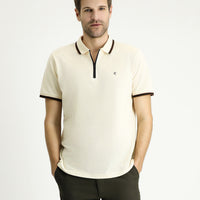 Cream Polo Collar Regular Fit Zip-Up Patterned Cotton T-Shirt