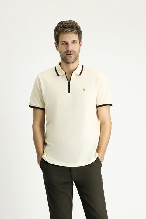 Cream Polo Collar Regular Fit Zip-Up Patterned Cotton T-Shirt