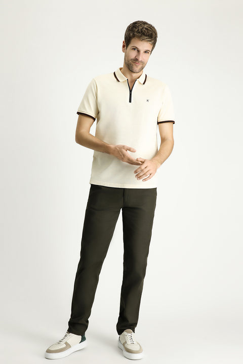 Cream Polo Collar Regular Fit Zip-Up Patterned Cotton T-Shirt