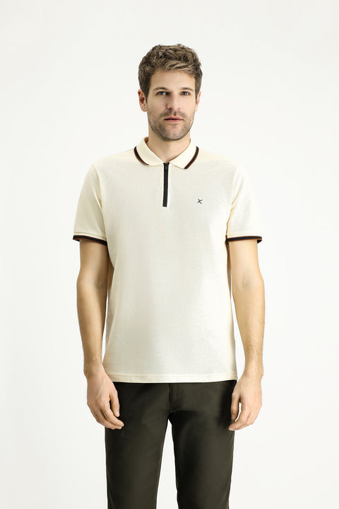 Cream Polo Collar Regular Fit Zip-Up Patterned Cotton T-Shirt