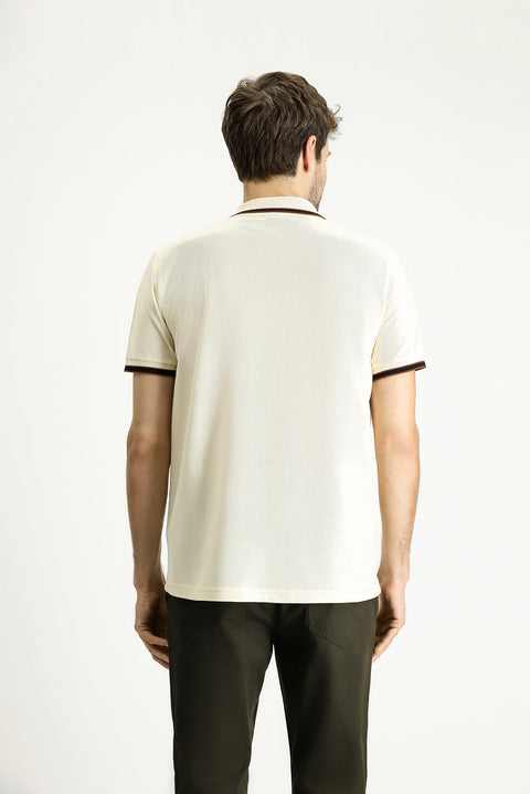 Cream Polo Collar Regular Fit Zip-Up Patterned Cotton T-Shirt