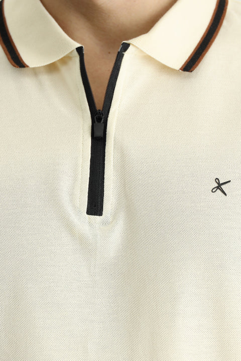 Cream Polo Collar Regular Fit Zip-Up Patterned Cotton T-Shirt