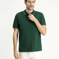 Forest Green Polo Collar Regular Fit Zip-Up Patterned Cotton T-Shirt