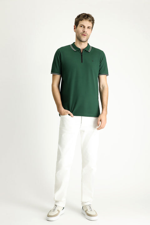 Forest Green Polo Collar Regular Fit Zip-Up Patterned Cotton T-Shirt