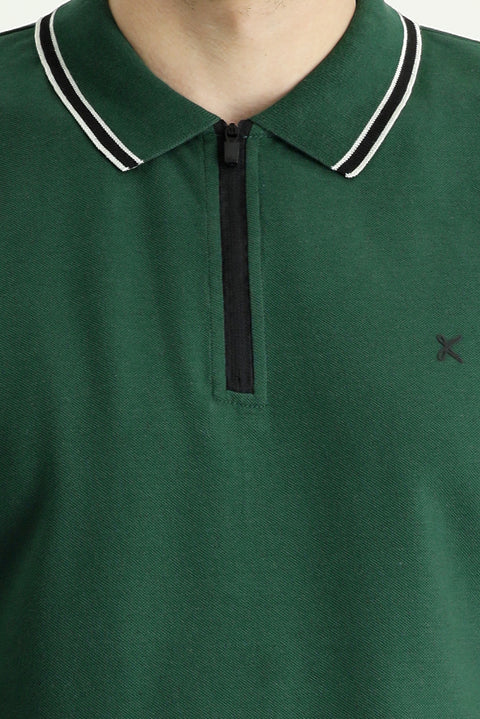 Forest Green Polo Collar Regular Fit Zip-Up Patterned Cotton T-Shirt