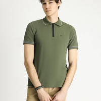 Dark Green Polo Collar Regular Fit Zip-Up Patterned Cotton T-Shirt