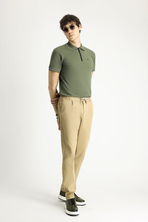 Dark Green Polo Collar Regular Fit Zip-Up Patterned Cotton T-Shirt