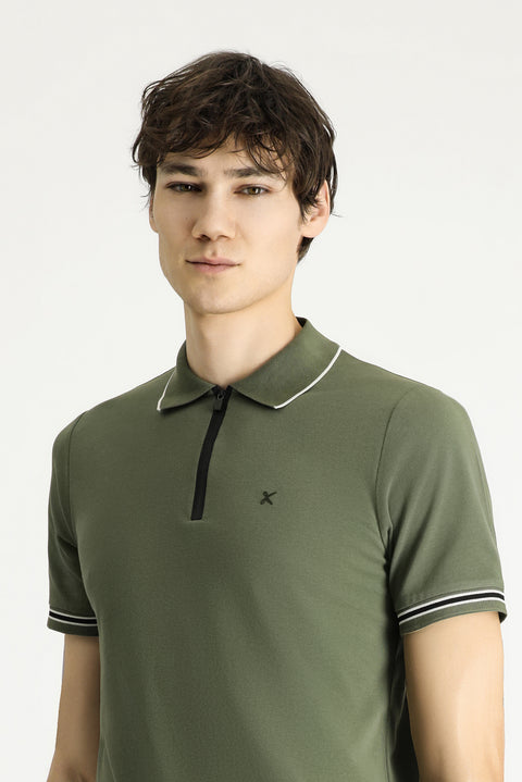 Dark Green Polo Collar Regular Fit Zip-Up Patterned Cotton T-Shirt