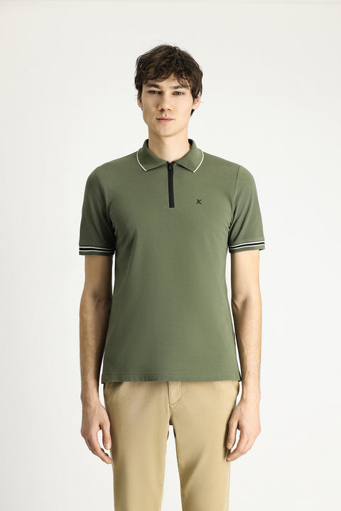 Dark Green Polo Collar Regular Fit Zip-Up Patterned Cotton T-Shirt
