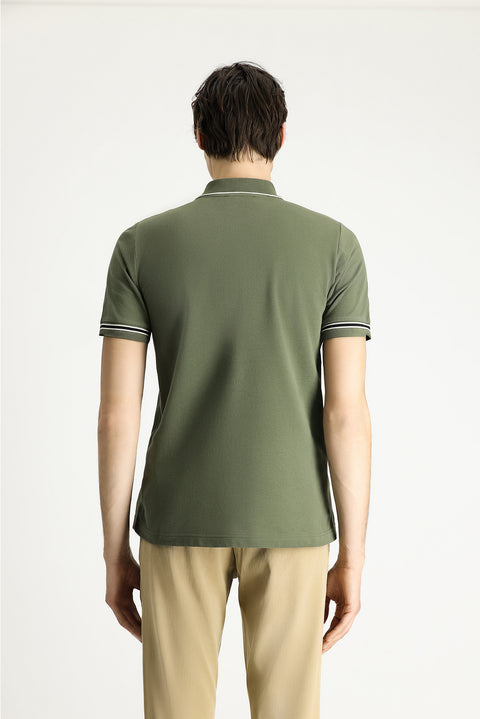 Dark Green Polo Collar Regular Fit Zip-Up Patterned Cotton T-Shirt