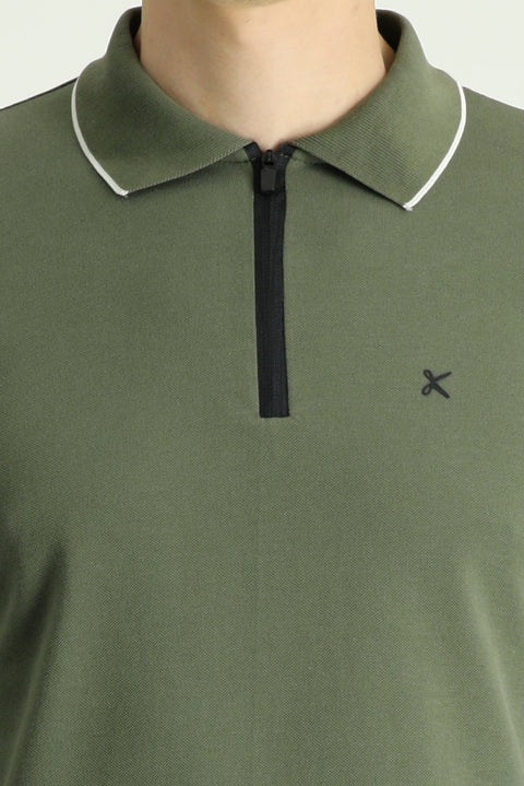 Dark Green Polo Collar Regular Fit Zip-Up Patterned Cotton T-Shirt