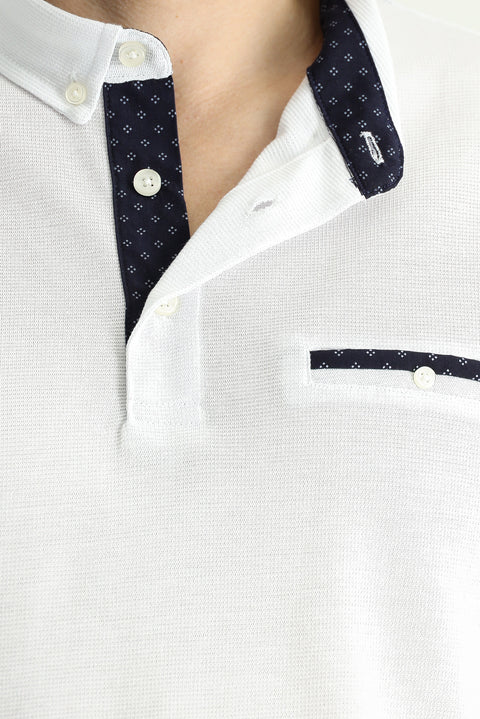 White Regular Fit Patterned Cotton Polo Shirt