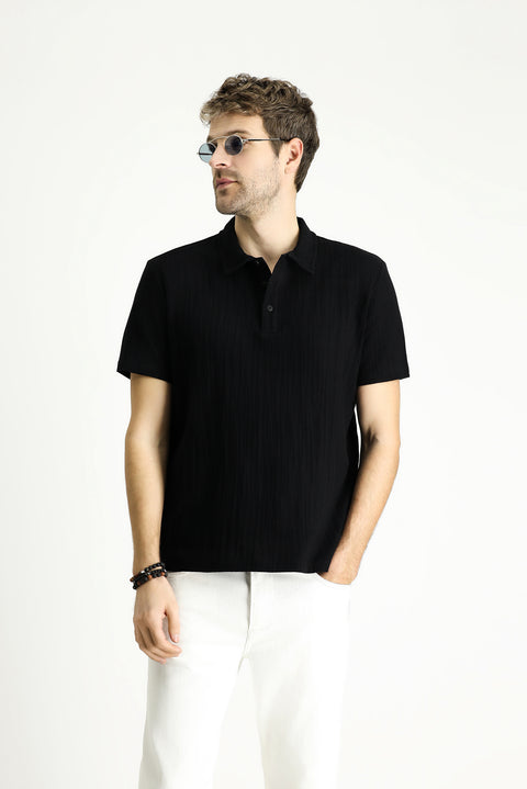 Siyah Polo Yaka Regular Fit Desenli Pamuk Tişört