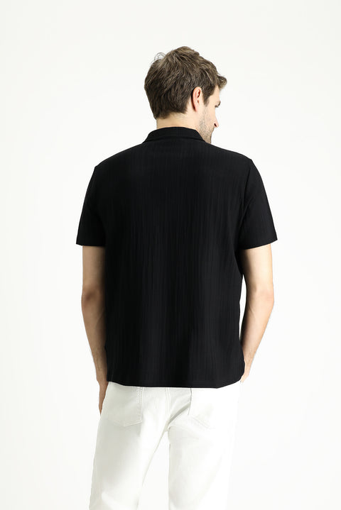 Siyah Polo Yaka Regular Fit Desenli Pamuk Tişört