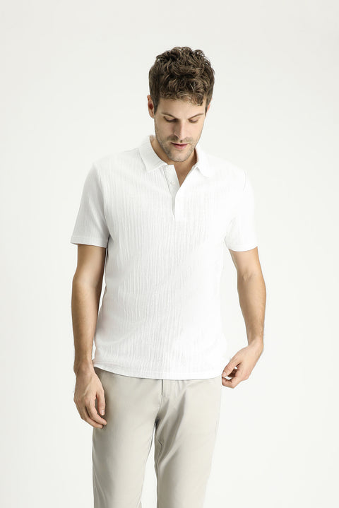 White Polo Collar Regular Fit Patterned Cotton T-shirt