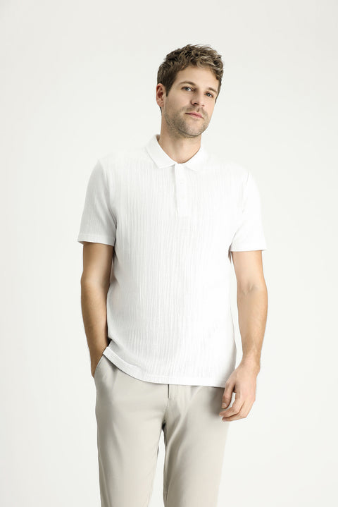 White Polo Collar Regular Fit Patterned Cotton T-shirt