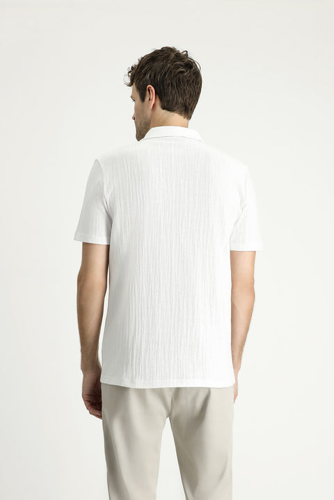 White Polo Collar Regular Fit Patterned Cotton T-shirt