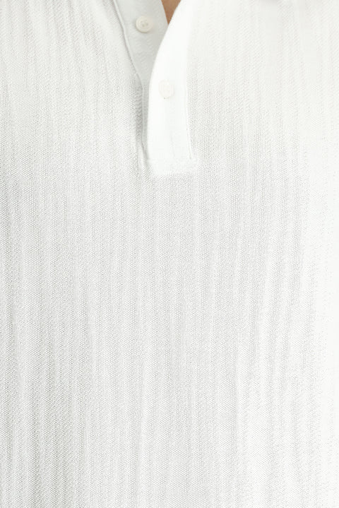 White Polo Collar Regular Fit Patterned Cotton T-shirt