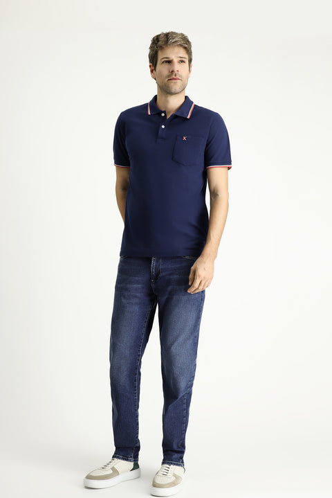 Medium Navy Regular Fit Patterned Embroidered Cotton Polo Shirt