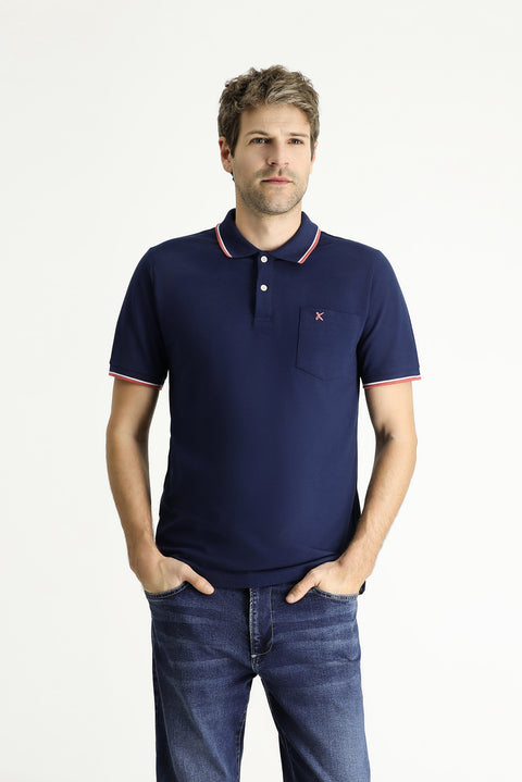 Medium Navy Regular Fit Patterned Embroidered Cotton Polo Shirt