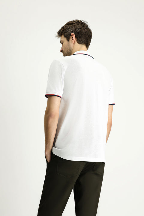 White Regular Fit Patterned Embroidered Cotton Polo Shirt