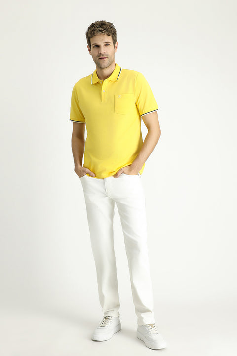 Light Yellow Regular Fit Patterned Embroidered Cotton Polo Shirt
