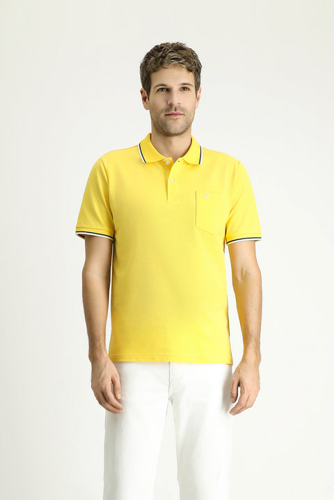 Light Yellow Regular Fit Patterned Embroidered Cotton Polo Shirt