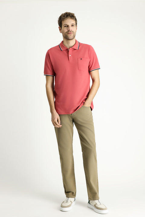 Açık Kırmızı Regular Fit Desenli Nakışlı Pamuk Polo Yaka Tişört