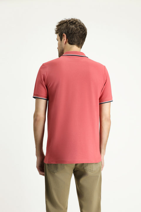 Açık Kırmızı Regular Fit Desenli Nakışlı Pamuk Polo Yaka Tişört