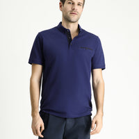 Medium Navy Polo Collar Regular Fit Patterned Cotton T-shirt