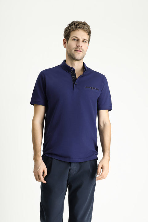 Medium Navy Polo Collar Regular Fit Patterned Cotton T-shirt