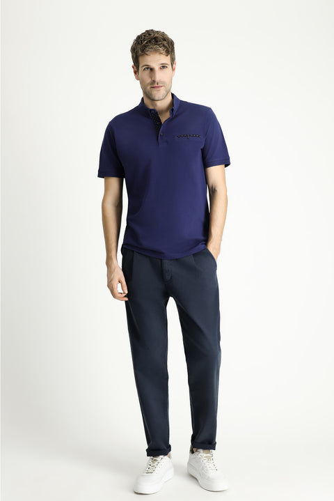 Medium Navy Polo Collar Regular Fit Patterned Cotton T-shirt