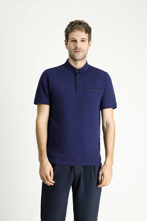 Medium Navy Polo Collar Regular Fit Patterned Cotton T-shirt