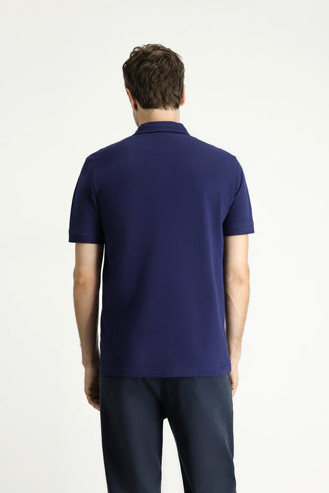 Medium Navy Polo Collar Regular Fit Patterned Cotton T-shirt