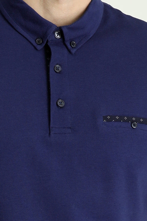 Medium Navy Polo Collar Regular Fit Patterned Cotton T-shirt
