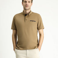 Medium Brown Polo Collar Regular Fit Patterned Cotton T-shirt
