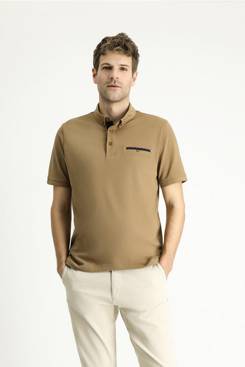 Medium Brown Polo Collar Regular Fit Patterned Cotton T-shirt